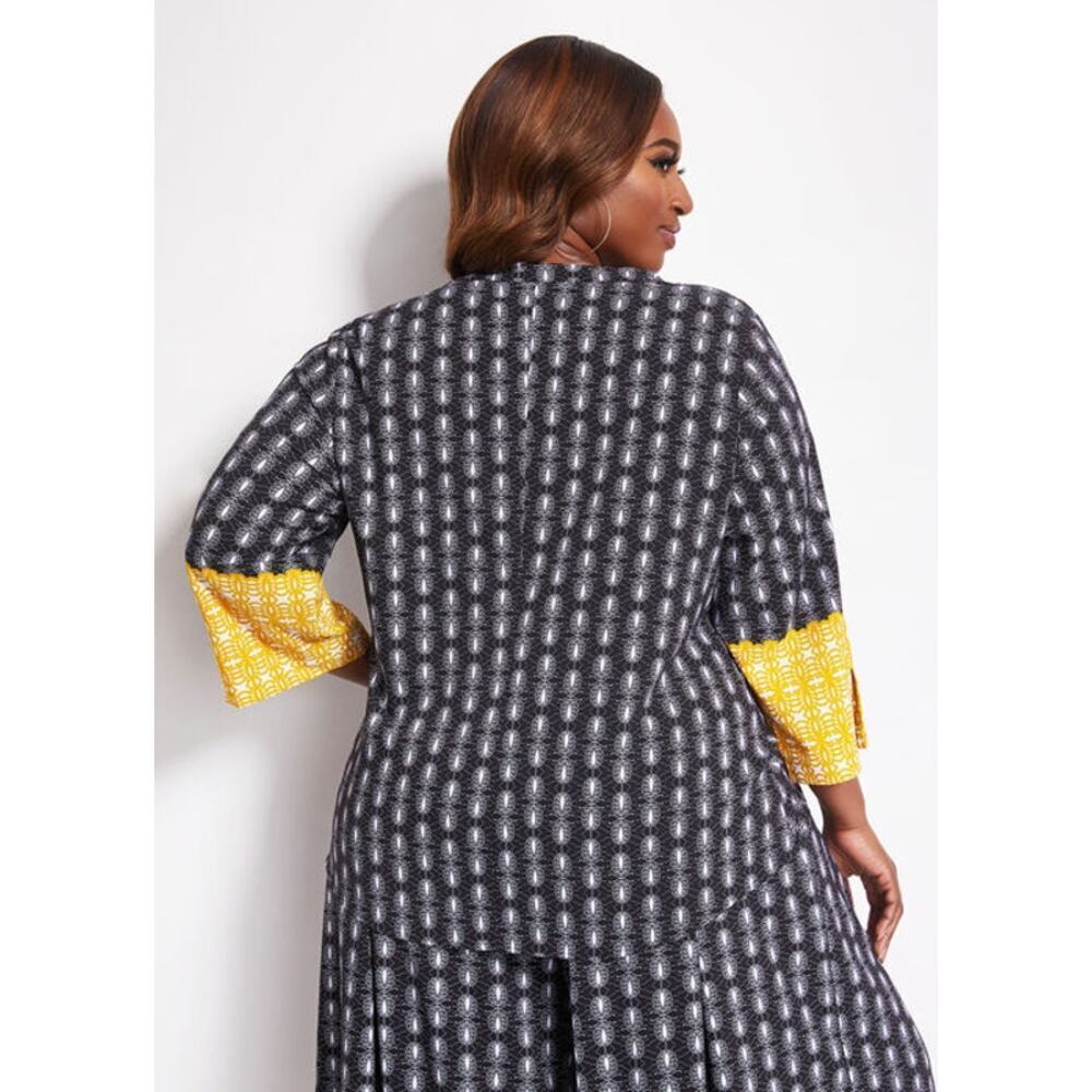 Ashley Stewart Abstract Black Yellow Front Tie Button Front Top Blouse Sz 18 - Picture 2 of 8